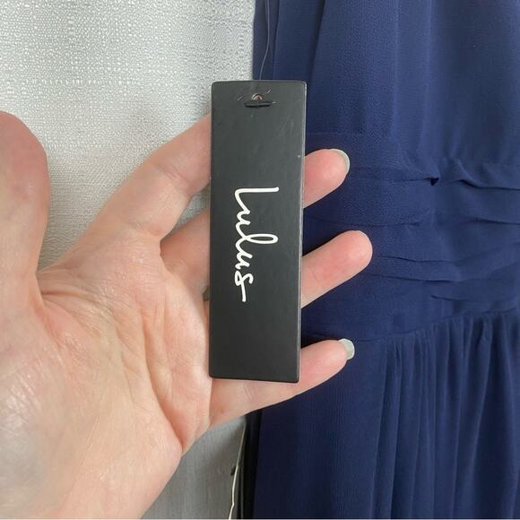 Lulu’s Navy Blue Leading Roll V Neck Ruched A Line Chiffon Maxi Dress Sz.M NWT - Picture 9 of 16